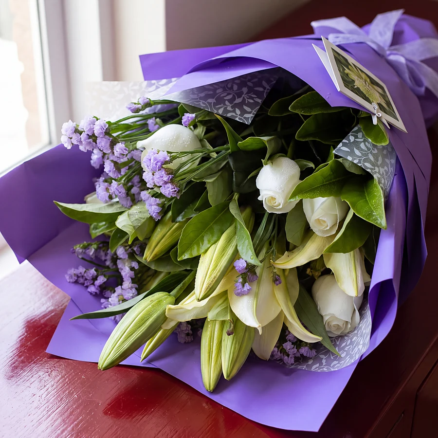 A bouquet of white lilies, white roses and purple statice in violet wrap on a red counter